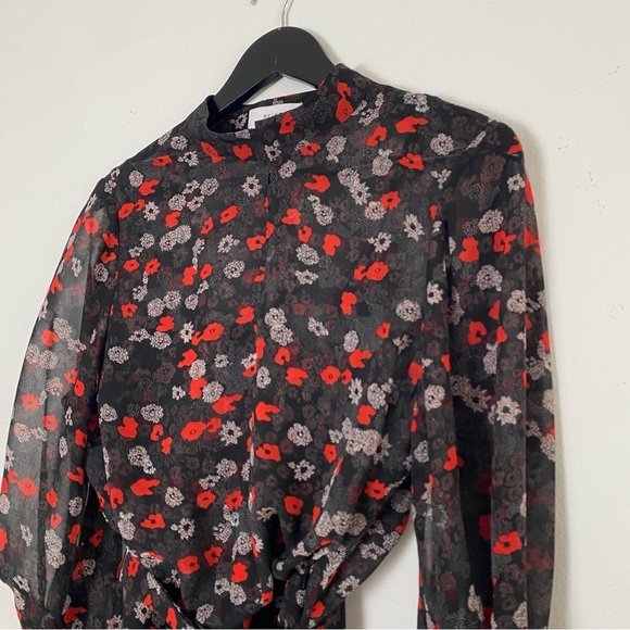 REISS Ladies Red Mix Ditsy Floral PEONY Sheer Lined Tie Waisted Party Dress US8 - Picture 4 of 16